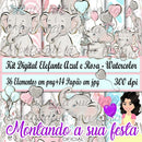 Kit Digital Elefante Azul E Rosa - Watercolor