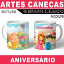 Estampas Canecas Aniversário Parabéns Editáveis Mockups Azul