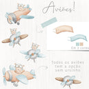Kit Digital - Urso Aviador Aquarelado O Tempo Voa Rosa Azul