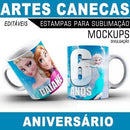 Estampas Canecas Aniversário Parabéns Editáveis Mockups