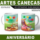 Estampas Canecas Aniversário Parabéns Editáveis Mockups Azul