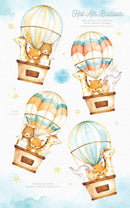 Balão De Ar Quente E Animais Aquarela Kit Digital
