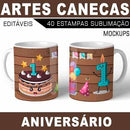 Estampas Canecas Aniversário Parabéns Editáveis Mockups Azul