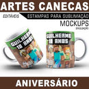 Estampas Canecas Aniversário Parabéns Editáveis Mockups