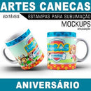 Estampas Canecas Aniversário Parabéns Editáveis Mockups